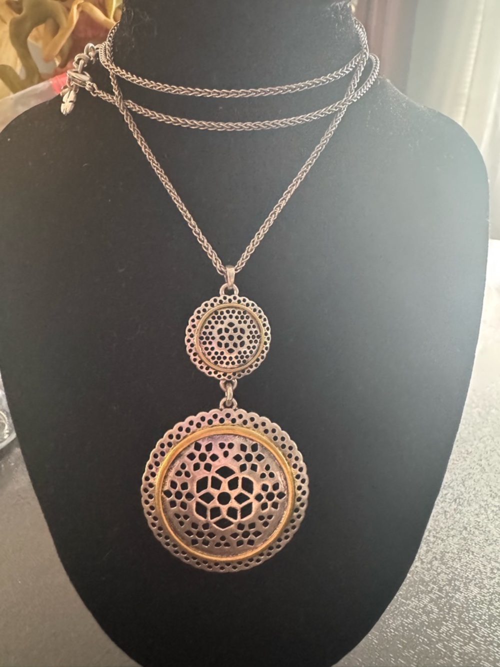 Lucky Brand Two-Tier Filigree Pendant Necklace in Antique Gold & sliver tone